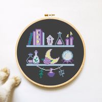 Witch shelf cross stitch pattern for instant download! Your PDF file will be available to download once payment is confirmed.  ❂  Palette: DMC Colors: 7 Grid Size: 74w x 76h stitches Finished Item Size: Aida 11, 6.7 x 6.9 in (17.0 x 17.5 cm) Aida 14, 5.2 x 5.4 in (13.3 x 13.7 cm) Aida 16, 4.4 x 4.5 in (11.1 x 11.4 cm) Aida 18, 4.1 x 4.2 in (10.4 x 10.6 cm) Recommended Fabric: Aida 14 ❂ THE PATTERN INCLUDES: 1. Color image for reference 2. Charts (BW, color symbols and blocks) 3. DMC color floss