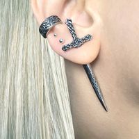 These Celtic Sword Earrings bring a unique look to any style. They are made of stainless steel, making them durable and perfect for everyday wear. The viking-style design gives a powerful statement look. Sold as SINGLE or PAIR Material : 316 Stainless steel Post: 0.9mm thick, 6mm long Size: 53 mm longed to edge. Blade:31 mm long Closure: Screw back Ships in a gift box Listing for sword earring only, cuff is not included