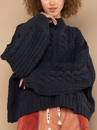 Women's Casual Pullover Trendy Cable Knit Sweater Top Charcoal Long Balloon Sleeves Waist-Length Relaxed Fit Mock Neck Cozy Fabric Perfect For Spring/Fall/ Winter LayeringI discovered amazing products on SHEIN.com, come check them out!