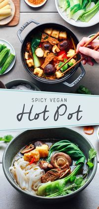 Spicy, sour, and a bit sweet hot pot that is super flavorful, comforting, and easy to make! Flavored with lemongrass, ginger, and chilies. Served with your favorite greens, tofu, and noodles! #plantbased #vegan