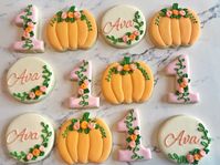 "Cute pumpkin floral theme decorated sugar cookies just for your baby's first birthday party! Custom your baby's monogram or name, give your party a hit！ This listing is for 1 dozen (12) sugar cookies. All my cookies are made to order,your cookies will made in small batches from scratch,they will arrive in individually cello bag heat sealed. Size: 3\" Ingredients: Sugar Cookie：Unbleached all purpose flour, unsalted butter, granulated sugar, eggs ,organic vanilla extract. Royal Icing: Confectione