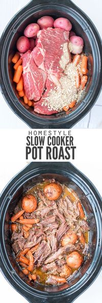 My family loves this easy slow cooker pot roast recipe. Just dump the ingredients in the pot, hit a button and a healthy dinner ready is ready when you are. :: DontWastetheCrumbs.com