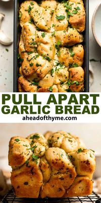 Ditch the foil-wrapped packages of garlic bread from the store and elevate your next meal with this homemade Pull Apart Garlic Bread. It's fluffy, buttery, flavourful, melts in your mouth, and tears easily for optimal sharing. The homemade dough is rolled and sliced into individual bites, tossed in homemade garlic butter, and baked until tender and fluffy. | aheadofthyme.com #pullapartgarlicbread #homemadegarlicbread #garlicbread via @aheadofthyme