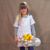 DIY bubble bath costume with balloons rubber ducks and bath sponge