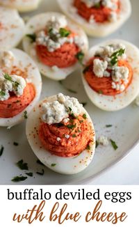 This recipe for buffalo deviled eggs has a spicy, tangy buffalo filling and blue cheese topping. It's great for serving at Easter, Independence Day, on game night or just to share with family and friends!