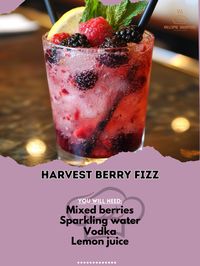 Celebrate the flavors of fall with this fruity and refreshing Harvest Berry Fizz! 🍇🍂 #BerryFizz Harvest Berry Fizz Ingredients: Mixed berries (1/2 cup) Sparkling water (4 oz) Vodka (2 oz) Lemon juice (1 oz) Ice cubes Mint leaves (for garnish) Instructions: Muddle mixed berries in a glass. Add vodka, lemon juice, and ice. Top with sparkling water and garnish with mint leaves. 🍇🍂Raise a glass to fall with this refreshing Harvest Berry Fizz! It’s fruity, fizzy, and full of seasonal flavor. T...