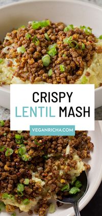 These amazing, flavorful lentil mashed potatoes combine the amazing texture and flavor of popped lentils with a simple cauliflower potato mash. You can make the mash smoother or chunkier based on your preference. Serve it with the lentils on top and a good drizzle of olive oil. soy-free, gluten-free, nut-free with oil-free option