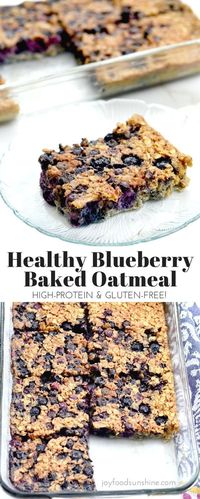 Baked blueberry oatmeal recipe! The addition of Greek yogurt and almond meal make this a healthy & protein-rich breakfast! Plus it&apos;s gluten-free, refined-sugar free and feeds a crowd!