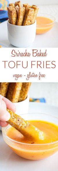 Sriracha Baked Tofu Fries (vegan, gluten free) - These crispy tofu fries are an easy healthy snack that are paired with a sweet and spicy mango dipping sauce. Add these strips to a salad, wrap, or tacos! #bakedtofu #tofufries