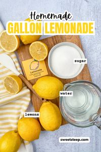 Easy directions to make a gallon of homemade lemonade. This lemonade recipe is the perfect balance of sweet and sour and a great way to use lemons when they are in season and juicy. Make as many gallons as you need for summertime parties or when hosting a large group. A free printable  lemonade label is included.