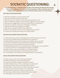 Socratic questioning is a technique used to stimulate critical thinking and illuminate ideas through a series of open-ended questions. These worksheets offer 50 Socratic questions to help an individual explore their thoughts, beliefs, values, and motivations, ultimately leading to greater self-understanding.