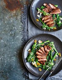 Lamb Leg Steak with Broccoli, Pine Nut and Shallot Dressing Try this super simple spiced lamb recipe with tender long-stemmed broccoli, topped with a fresh and zingy lemon and shallot dressing, an easy midweek meal for two