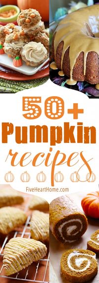 50+ Pumpkin Recipes ~ cakes, cupcakes, cookies, donuts, breads, muffins, waffles, pancakes, granola, oatmeal, drinks, dips, and more! | FiveHeartHome.com