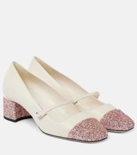 Find JIMMY CHOO Elisa 45 Glitter Leather Mary Jane Pumps on Editorialist. Upper: calf leather. Lining: leather. Sole: leather insole and sole. Toe shape: square toe. Made in Italy. Includes: shoe box, dust bag. Designer color name: Latte/Rose.