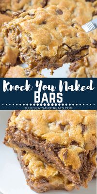 Delicious Caramel Cookie Bars with an amazing layer of gooey caramel stuffed in better the layers with a hint of peanut butter. These cookie bars are EPIC and you'll never make them anyway again! There's a reason they are called Knock You Naked Bars! #cookiebars #dessert #dessertbars #bars #caramel #peanutbutter #chocolatechips #chocolate #recipe #recipes #easyrecipe #julieseatsandtreats