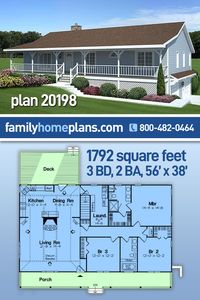 Rambler Style Ranch Floor Plan 20198 has 1,792 square feet of living space, 3 bedrooms, and 2 bathrooms. Build this country ranch home on a hillside lot because it has a 2-car drive-under garage. Your family will enjoy the huge basement rec room and the great outdoor living space. It’s easy to get work done and stay organized with the big laundry room. Best of all, the comfortable living space will encourage your family to spend more time together. #ranch #rambler #houseplans