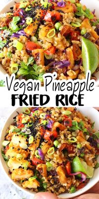 Easy vegan pineapple fried rice made with perfectly stir fried veggies, a simple sweet and savory tamari sauce and tons of flavor. Healthy, filling, gluten free and makes perfect leftovers.