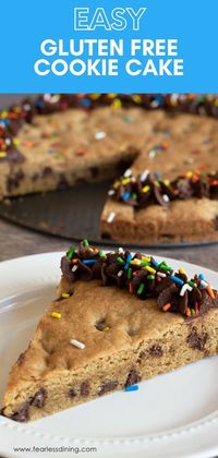 This homemade gluten free cookie cake is a great alternative to bake for a birthday! This large chewy gluten free chocolate chip cookie cake is easy to make and decorate with frosting and sprinkles! It is the perfect dessert for any occasion!