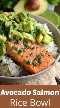 Avocado Salmon Rice Bowl. Beautiful honey, lime, and cilantro flavors come together is this tasty salmon rice bowl. #easyrecipes #healthy #salmon #avocaod