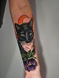 Tuxedo cat tattoo with crescent moon, stars, and hellebore flower. color cover up tattoo done at Golden Stag Tattoo- By Lindsey Bulla