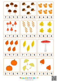 The Autumn Counting Activity for preschoolers is designed to practice counting up to 10 and to develop fine motor skills and logic. The task is to count the number of items on the cards and indicate the answer with a clothespin. Print out the materials game sheets, cut out the cards, and prepare a set of clothespins. If you don't have clothespins, you can circle the answer with a pencil. Invite your child to take a card, count the number of items, and choose the correct answer at the bottom o...