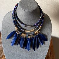 New Tribal Navy Blue Feathers & Baubles Triple Layer Necklace Metals Are Gunmetal & Gold Toned