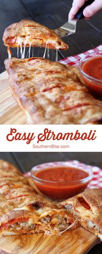 This EASY stromboli only calls for 5 ingredients and can be done in about 35 minutes! Plus you can make it your own by adding your favorite pizza toppings!