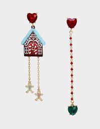 JINGLE BELL BLING GINGERBREAD HOUSE MISMATCH EARRINGS MULTI | Holiday Earrings