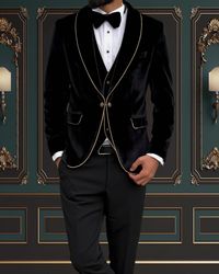 4 Piece Mens Slim Fit Black & Gold Velvet Tuxedo Shawl Lapel | Weddings and special Occasions Tuxedo Superior Quality Package includes  Jacket, Vest, Pants, bowtie, tuxedo shirt. Shipped in large box to preserve the shape  Top quality guaranteed