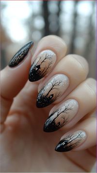 Add a touch of eerie elegance with these haunted house nails, perfect for a spooky Halloween vibe! Embrace the ghostly charm with your fingertips. Click the pin and follow us for more hauntingly creative nail ideas! 🏚️👻  #HauntedHouseNails #HalloweenNails #NailArt #SpookySeason #NailInspo