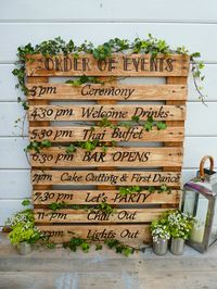 Handcrafted from recycled pallet wood - These beautiful custom made, Order of the Day Signs make the perfect, unique addition to your Wedding Venue Decoration. Your Wedding Guests will never miss a moment of your special day. Let them know when it's time for the I do's, the speeches, drinks, cutting of the cake or that all important first dance. Each sign will be lightly sanded and stained with Rustic Pine Wood Stain and finished off with up to 9 lines of your own personalised, hand painted times and events. When ordering, please add up to 9 lines of your personalised Times and Events in the bar above. Please enter the Text EXACTLY as you wish for it to appear on the sign. Made of quality, reclaimed wooden pallets, which I responsibly source and carefully dismantle myself. Personally remov