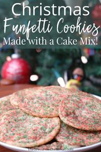 Christmas is such a fun time to bake cookies and these Christmas Funfetti Cookies are one of my new favorites! They are easy to make because you make them from a cake mix. They are just so festive and fun. #Christmas #funfetti #cookies