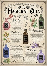 Magickal oils apothecary sign with ritual oil recipes, folk witch style wall art for witchy decor. Also perfect for Book of Shadows pages, a cottage witch Grimoire and witchcraft spell book BoS pages. Includes both A3 and US tabloid wall art versions. Print and add to a frame for witchy decor, or to give as a gothic, Wicca or witchcraft gift.