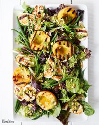 Grilled Peach and Halloumi Salad with Lemon-Pesto Dressing