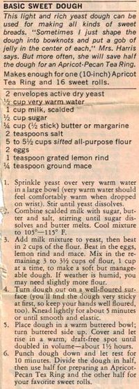 Old Fashioned Basic Sweet Dough Recipe With a wooden spoon, create this old fashioned basic sweet dough recipe that is versatile and can be made into coffee cakes, rolls, dough braids (fruit filled or meat & cheeses). You can add fruit, nut, raisins, spices, shredded toasted coconut flakes or drizzled honey to add a creative twist in flavors after you make the basic sweet dough recipe. Golden brown & deliciously sweet aroma will make this recipe a favorite.