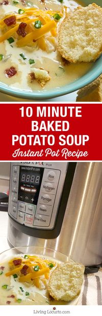 10 Minute Baked Potato Soup is the perfect quick and easy hearty meal! With a pressure cooker like the Instant Pot, you'll have dinner in minutes. Gluten Free Recipe #instantpot #potato #soup #pressurecooker