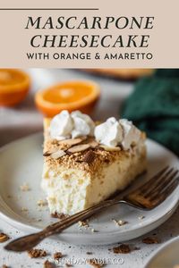 This mascarpone cheesecake with orange zest, amaretto, and almond cookie crust is a decadent twist on a classic dessert! This baked cheesecake is more creamy and less tangy than the usual cream cheese version. And, the orange and almond flavors perfectly compliment the richness of the mascarpone filling. Even better, there's NO water bath! The recipe is simple and make-ahead for an easy holiday dessert. It's one of my go-to dessert recipes for Christmas, Thanksgiving, or any special event!