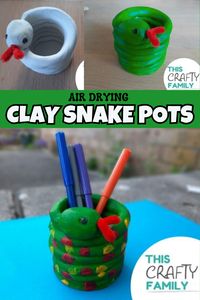 cute and easy to make air drying clay snake craft for kids. Fun summer holiday activity for kids. #craftsforkids #crafts #claycrafts #animalcraftsforkids