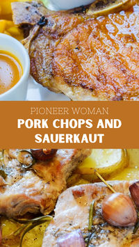 Pioneer Woman Pork Chops and Sauerkraut is made of bone-in pork chops, sauerkraut, brown sugar, green pepper, and onion. It serves 6 and takes about 1 hour and 15 minutes to prepare, including browning and baking, offering a delicious, hearty meal.