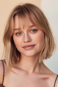 This classic blonde bob paired with delicate, wispy bangs is a timeless option for those looking to add a youthful touch to their haircut. The length sits just above the shoulders, making it versatile for various occasions, while the soft bangs gently frame the face, drawing attention to the eyes.