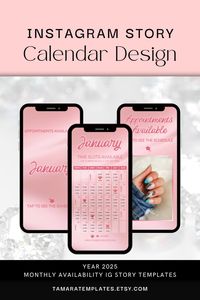 An available appointments template for your small business! Tired of scrambling to let clients know your open slots in your monthly schedule? This 2025 Instagram story calendar Canva template, is here to save the day! 

Designed with a cute pink and white aesthetic, this monthly calendar booking template is perfect as a nail tech calendar, for hair braiders, book lash appointments, or any other beauty business. 

Also fully editable  using Canva. Download to make it your own today!