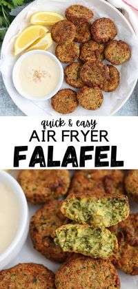 This easy falafel recipe can be made in the air fryer or baked in the oven. Using canned chickpeas saves a lot of time and effort yet the falafel patties come out soft and fluffy inside, crispy on the outside and super flavorful. They are great in wraps, pitas, salads and bowls.