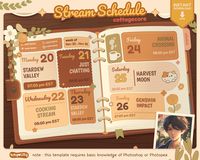 Introducing our adorable and whimsical Stream Schedule Cottagecore style. Enhance your online persona and captivate your audience with our charming design.  FILE FORMAT AND COMPATIBILITY: Our template is available in PSD (Photoshop) format, ensuring the use of smart objects for seamless customization. If you don't have Photoshop, we recommend using www.photopea.com, a free online tool that fully supports PSD files. IMPORTANT NOTE: The PSD file format is specifically tailored for Photoshop, utili