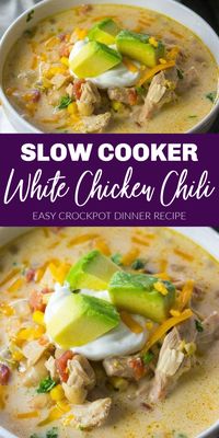 This Slow Cooker White Chicken Chili Recipe is the perfect Crock-Pot Recipe for Fall and Winter. Easy to Make and Keto Friendly! #slowcooker #crockpot #chili #chicken #recipe #dinner #winter #fall