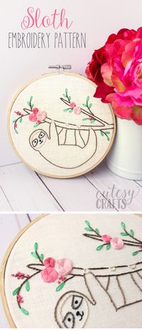 Adorable and free Sloth Embroidery Pattern. So cute!! #embroidery #embroiderypatterns #freeembroiderypatterns #handembroidery