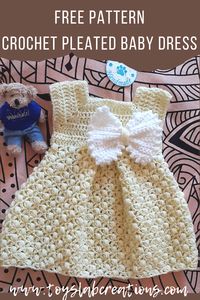 Make this super cute crochet baby dress for your newborn. This free crochet baby dress pattern has a beautiful pleat design that requires no sewing and the skirt part has a lovely texture. #crochet #crochetbabydress #crochettoddlerdress #freecrochetpattern #crochetforbaby