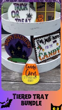 Halloween tiered tray bundle in funky colors and designs. Use in your halloween decor. This set of 13 is ready to ship.