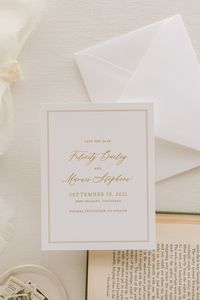 This simple wedding save the date card design speaks to classic couples. It’s the chicest way to share your date with family and friends! Shown in letterpress antique gold ink on white card stock. To book your suite, scroll down to select your quantity and paper options before adding to your car