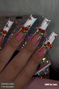 Indulge in the sweetness of Cute Cherry Nails adorned with dazzling jewelry art! Elevate your nail game with this charming cherry-themed design, perfect for adding a pop of color to your look. Embrace the beauty of cherry nails and dazzle in white elegance.  Image Source : IG : yannakrylics "If you're passionate about nails, I highly suggest giving them a follow!"  #cherrynails #cherries #nails #whitenails #cutenails #cherryblossomart #acrylic #acrylicnaildesigns #acrylicnailscoffin #coffinshapenails #coffinnailsdesignsshort #shortnails #astheticnails #beautifulnails #nailartideas #naildesignideas