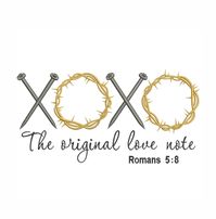 The original love note machine embroidery design, XOXO embroidery design, Jesus Christian, Cross Nails , Christian , Faith , Church , Religious machine embroidery design,  instant download. This design comes with 7 sizes: 2.0 x 3.9 in   51 x 99 mm      St. 6587 2.5 x 4.9 in   64 x 125 mm    St. 8118 3.0 x 5.9 in   77 x 150 mm    St. 9576 3.5 x 6.9 in   90 x 175 mm    St. 11051 4.0 x 7.9 in   103 x 201 mm   St. 12519 4.6 x 8.9 in   116 x 251 mm    St. 14101 5.1 x 9.9 in   128 x 252 mm    St. 15620 Color: 1 The following formats are included in the file you will receive: dst, pes, exp, hus, jef, vp3, xxx, vp3, vip You MUST have an embroidery machine and the software needed to transfer it from your computer to the machine to use this file.   This listing is for the machine file only - not a f